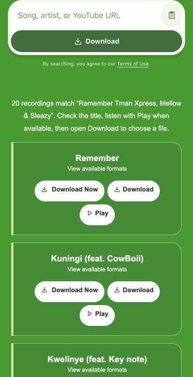 The highlighted Download control opens conversion choices for a search result. - Mp3Juice